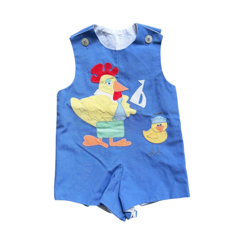 Vintage Rooster Applique Romper Boys Blue Jon Jon Retro‎ Animal Cottagecore Farm